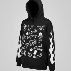 Sad Boyz RIP Love Graphic‎ Hoodie Black Flame Sleeves Size XL